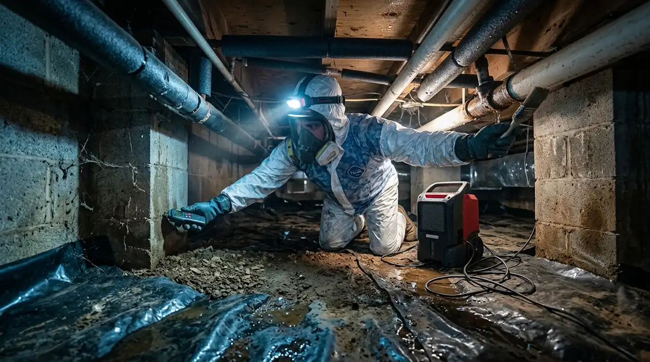 Technician with extraction equipment in a flooded Massachusetts basement