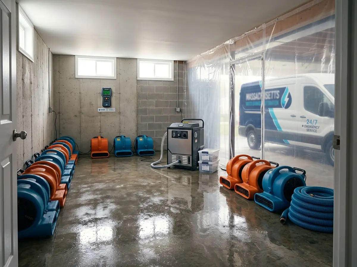 Drying equipment and air movers set up in a water damaged room — water damage restoration in Massachusetts