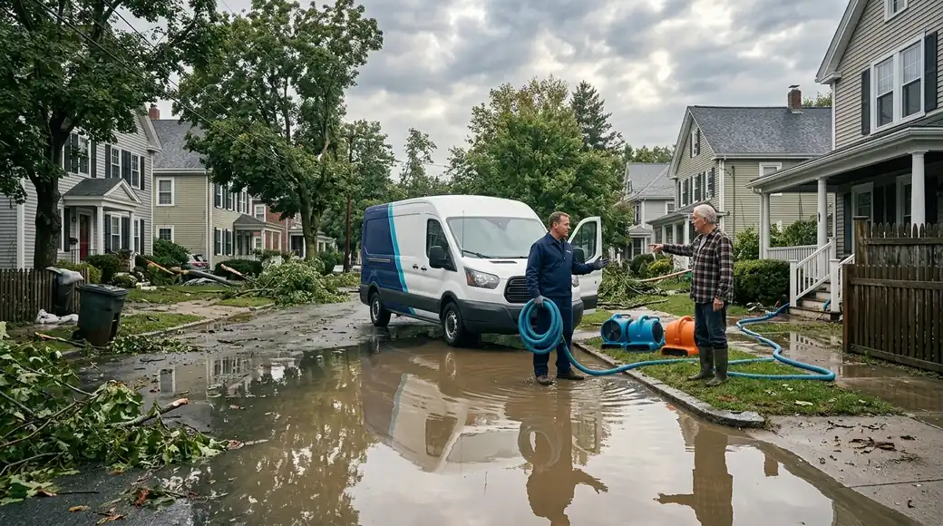 Water damaged wall and ceiling showing damp staining after a leak — water damage restoration in Massachusetts