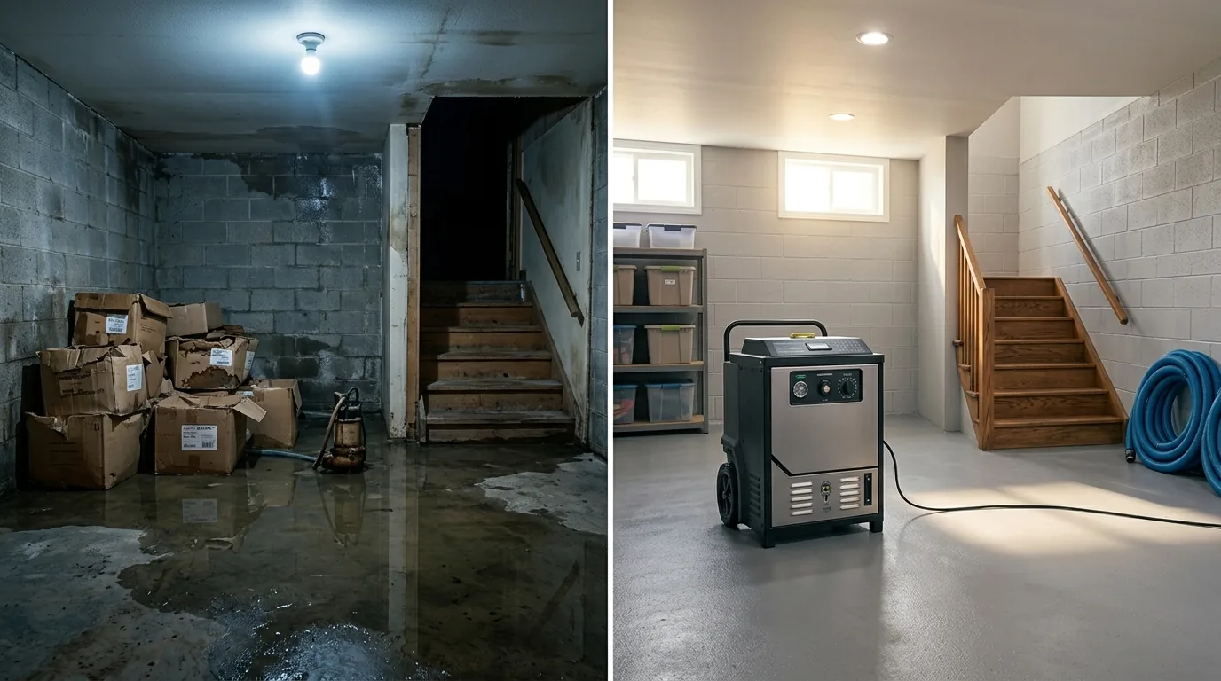 Water extraction equipment removing standing water from a flooded room — water damage restoration in Massachusetts
