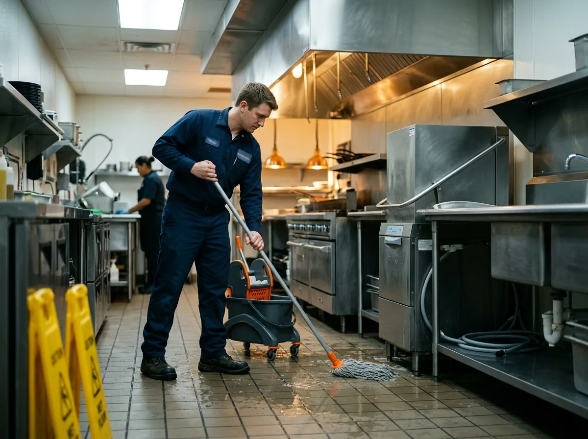Technician in protective gear working in a water damaged interior — water damage restoration in Massachusetts