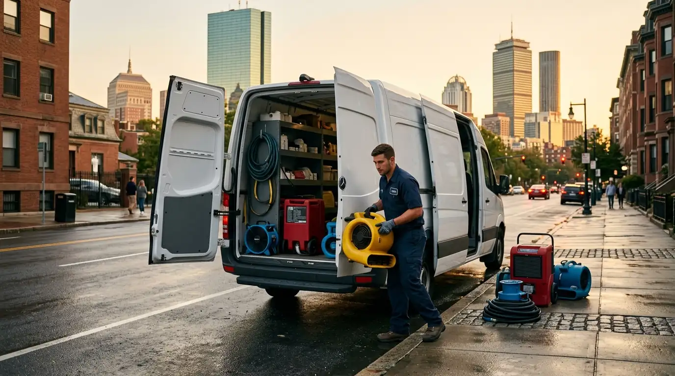 Drying equipment and air movers set up in a water damaged room — water damage restoration in Massachusetts