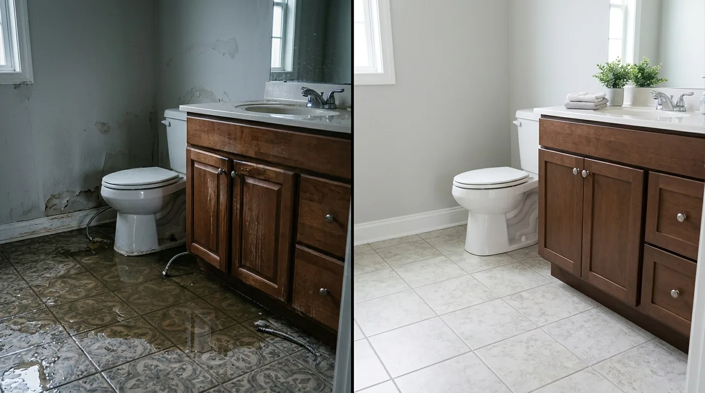 Technician in protective gear working in a water damaged interior — water damage restoration in Massachusetts