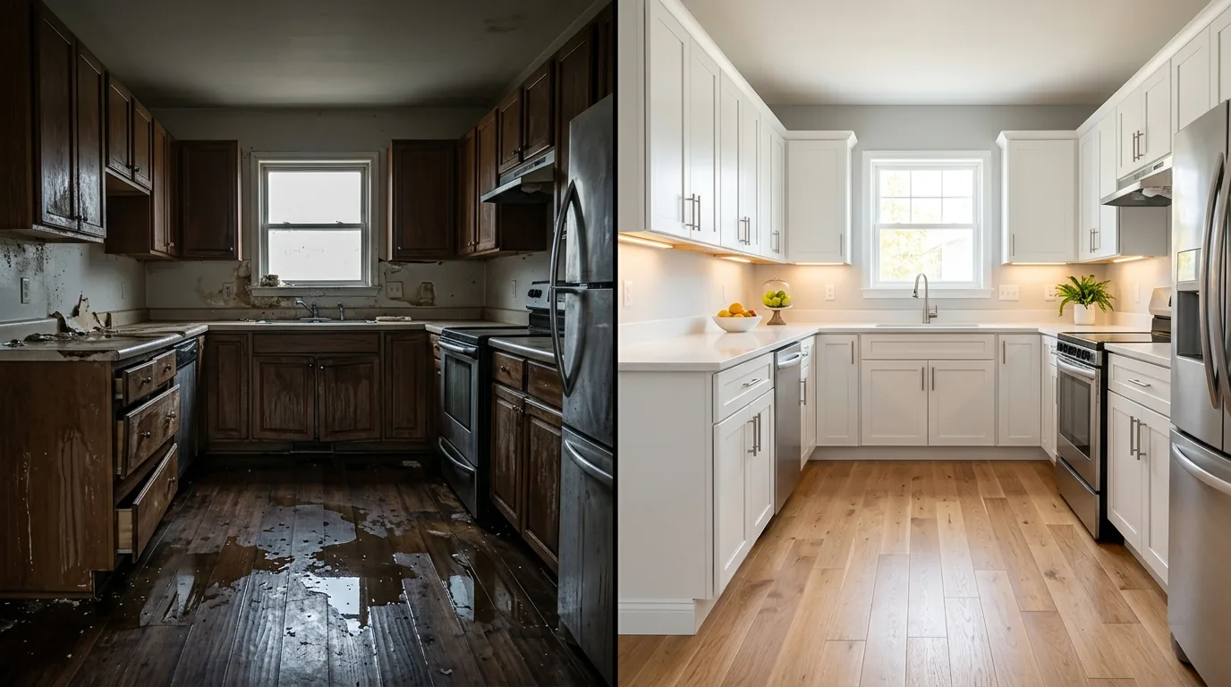 Water damaged wall and ceiling showing damp staining after a leak — water damage restoration in Massachusetts