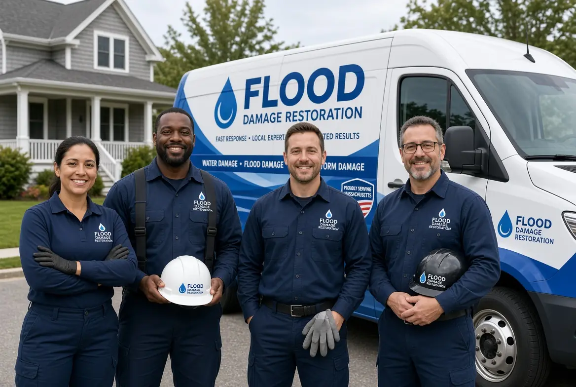 Flood Damage Restoration Massachusetts crew standing beside their service van