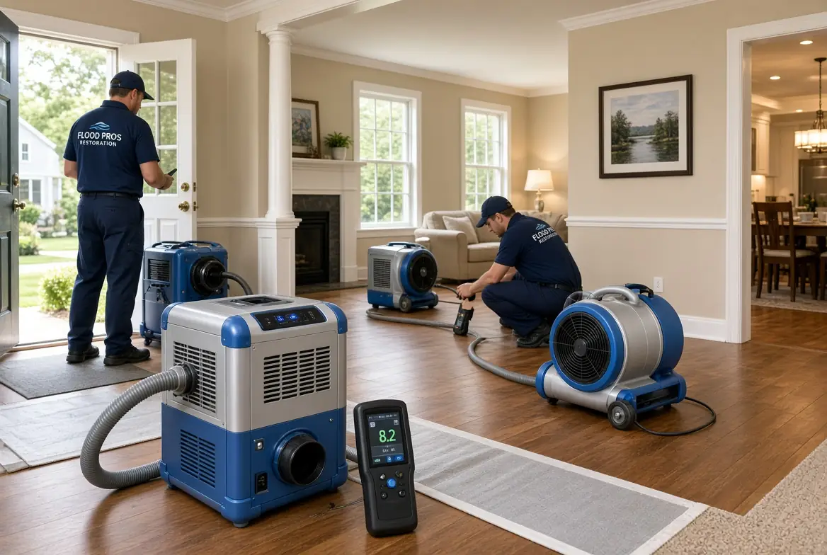 Flooded interior of a Massachusetts property with standing water across the floor — water damage restoration in Massachusetts