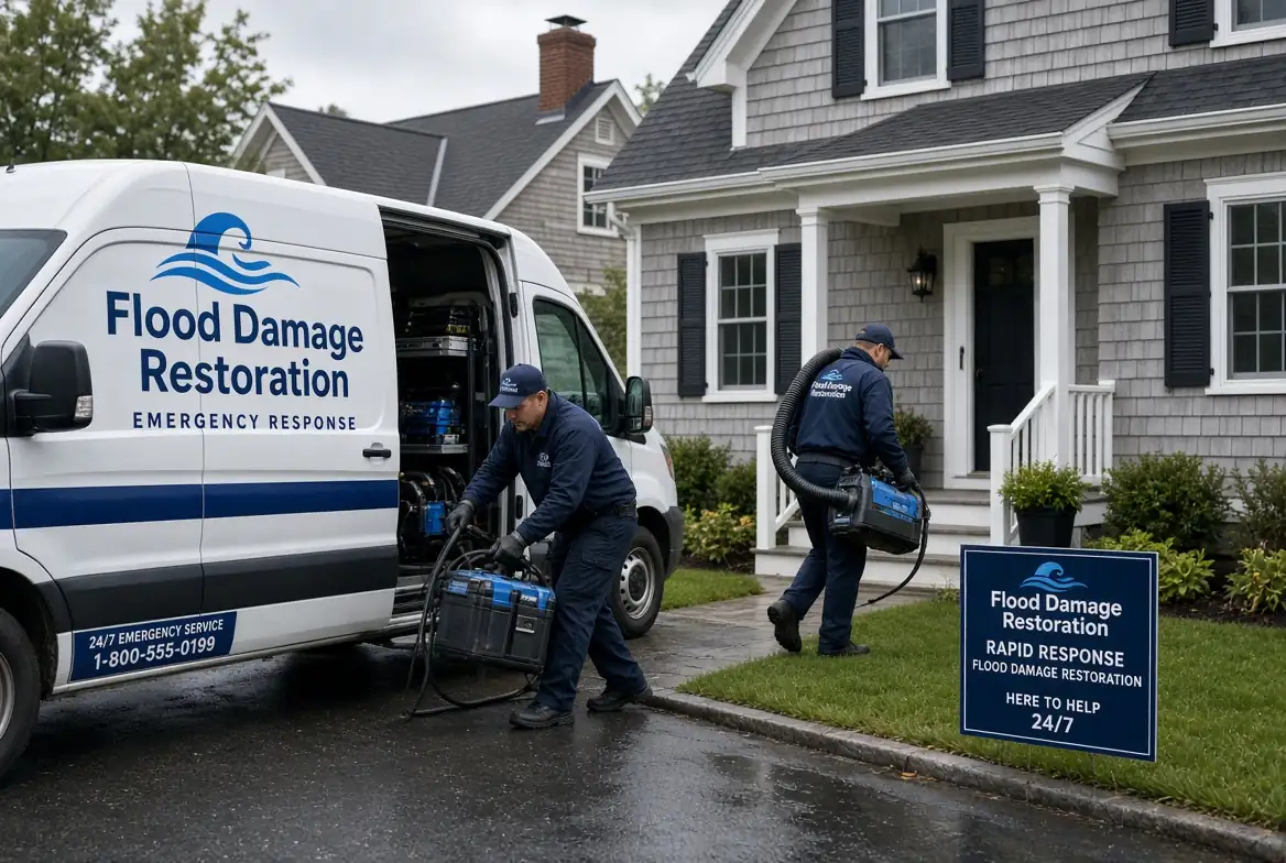 Water extraction equipment removing standing water from a flooded room — water damage restoration in Massachusetts