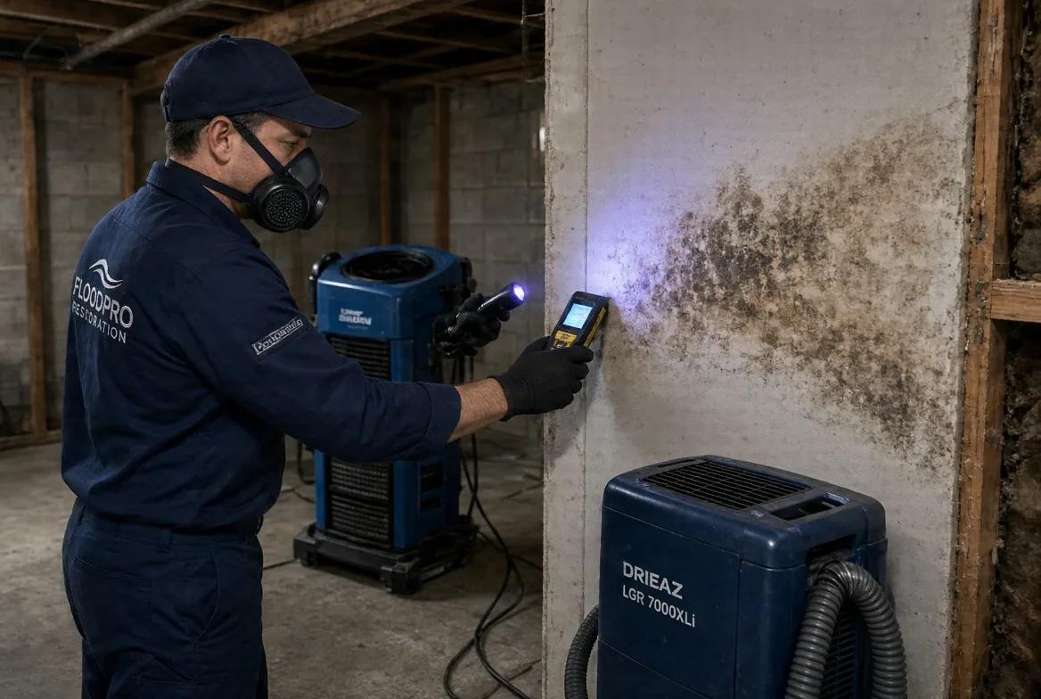 Drying equipment and air movers set up in a water damaged room — water damage restoration in Massachusetts