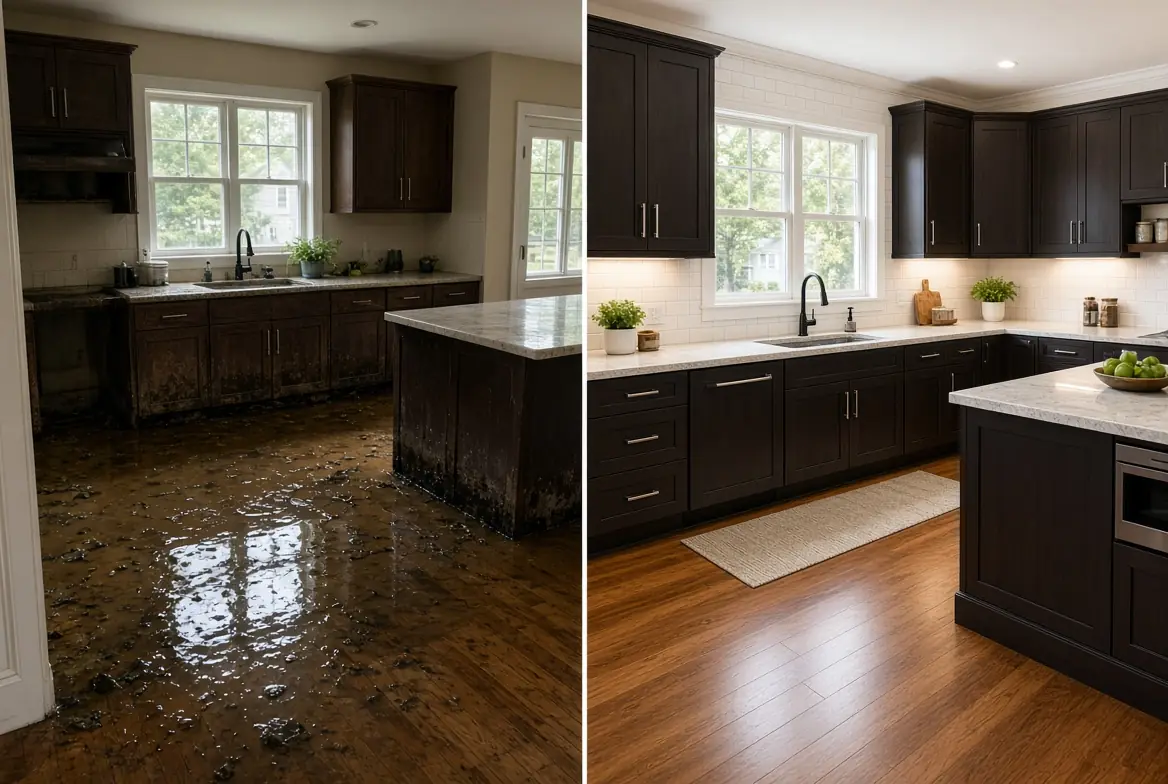 Water damaged wall and ceiling showing damp staining after a leak — water damage restoration in Massachusetts
